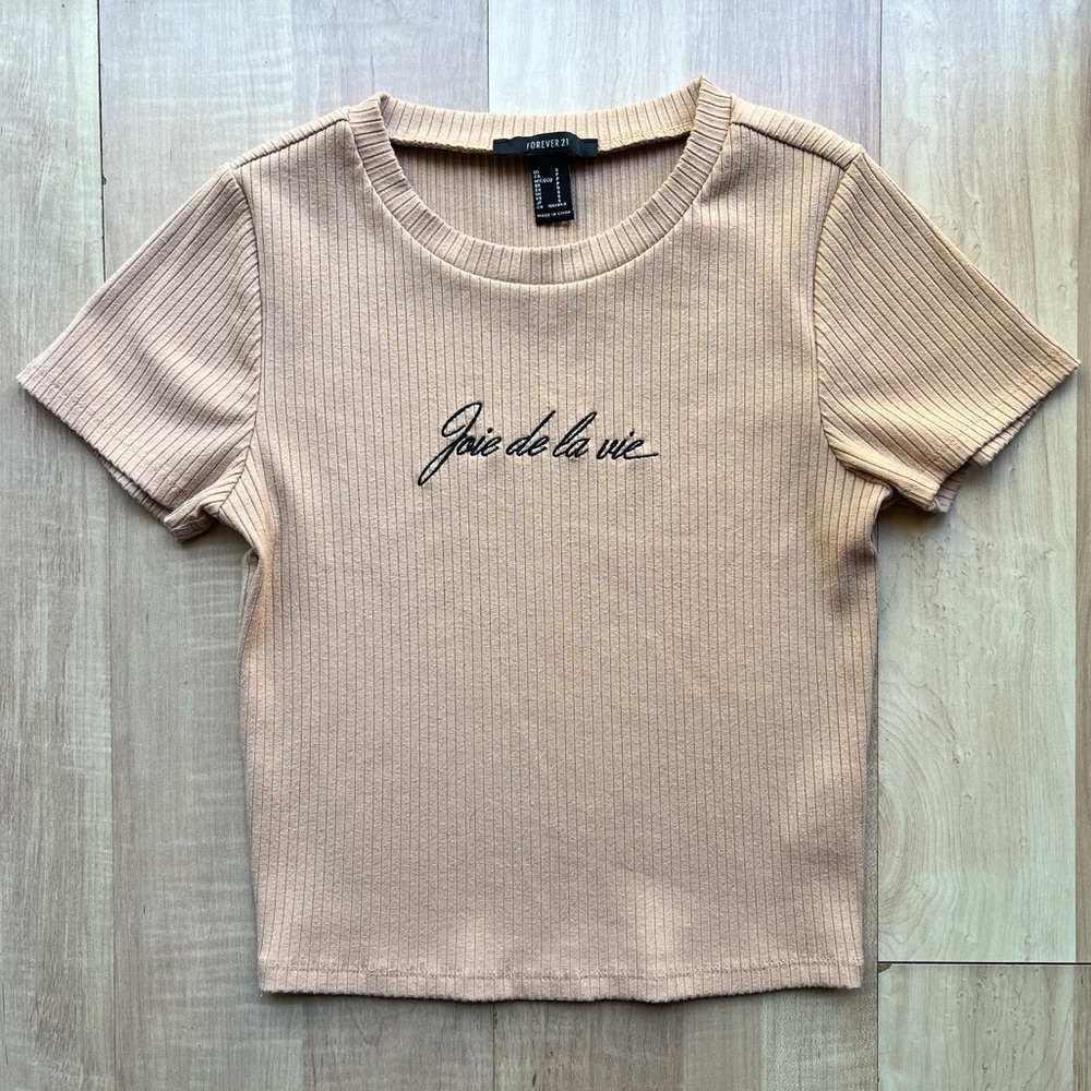 Forever 21 tan ribbed cropped short sleeve tight fitted stretchy embroidered top